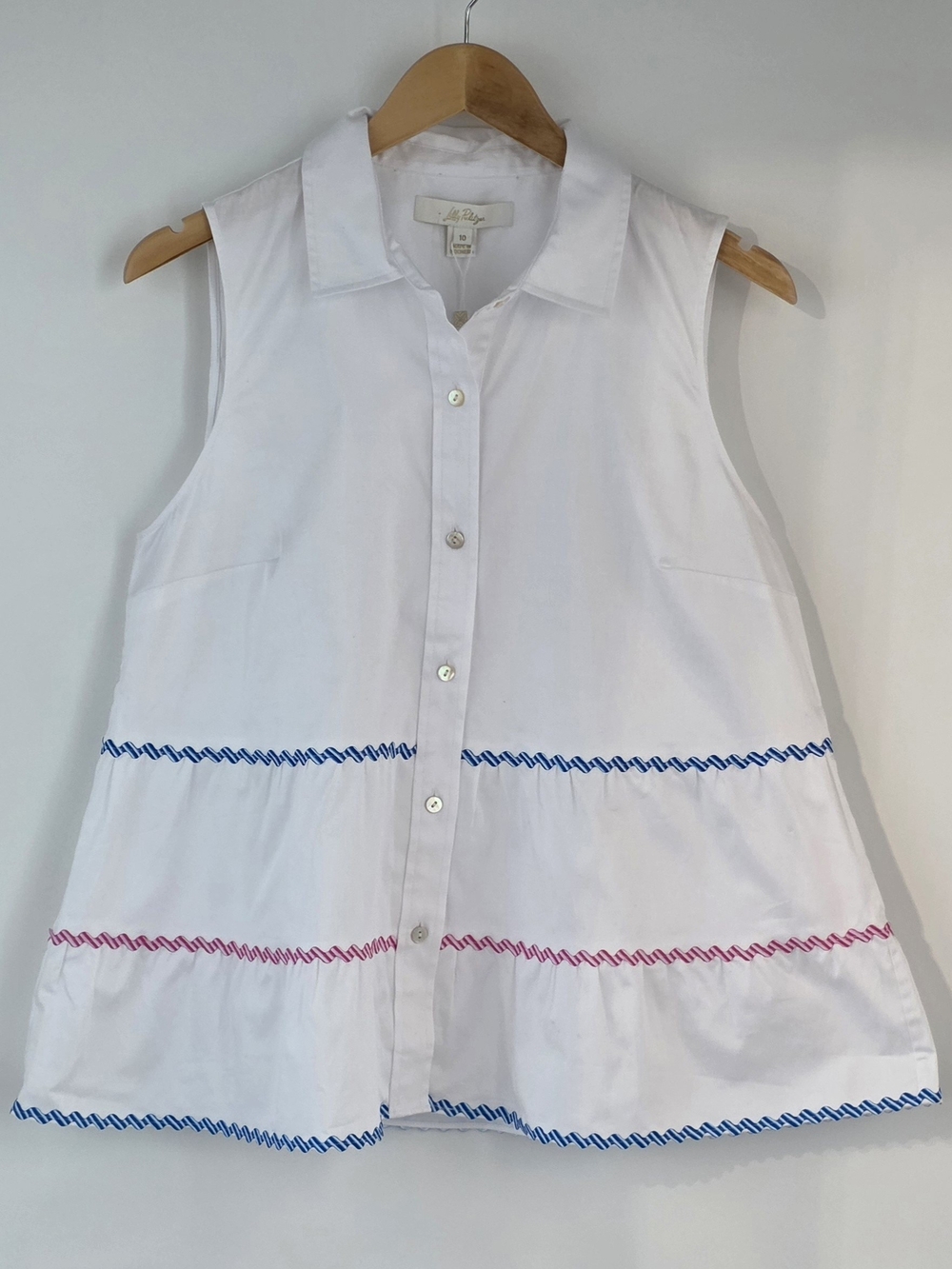 Lilly Pulitzer Breah White Sleeveless Button Up Top w/ Pink & Blue Trim Size 10